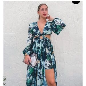 Jungle Print Cutout Maxi Dress – Long Sleeve Slit Dress – Island Vibes